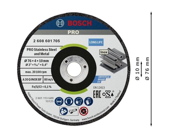 Круг отрезной Bosch Professional, для нержавеющей стали и металла, 76×4×10 мм, 2 шт (2.608.601.705), изображение 2