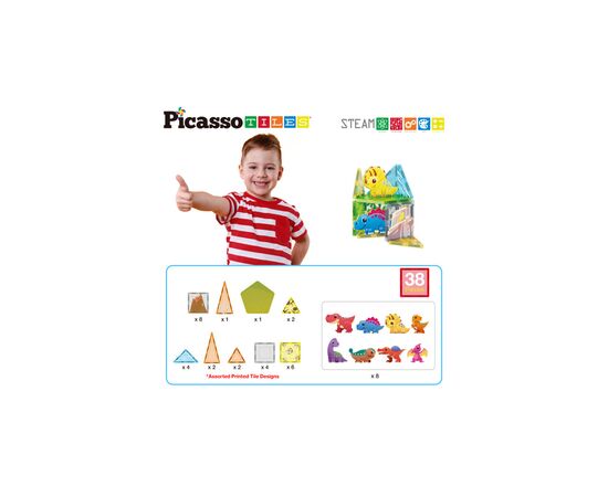 Конструктор Picasso магнитный Tiles Dinosaur Set с 8 фигурками динозавров 38 деталей (817338028848), изображение 2