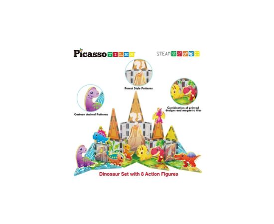 Конструктор Picasso магнитный Tiles Dinosaur Set с 8 фигурками динозавров 38 деталей (817338028848), изображение 6
