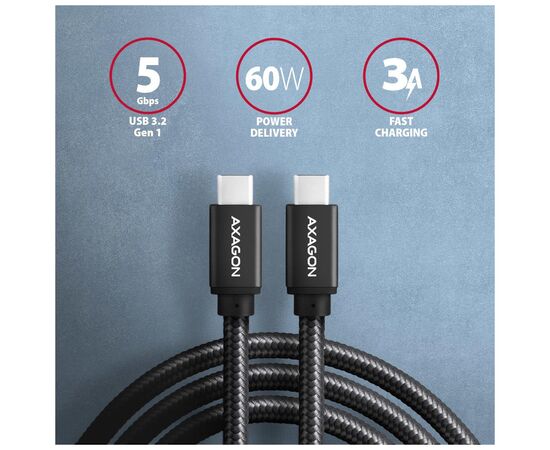 Дата кабель USB-C to USB-C 1.0m v3.2 Gen 1 PD 60W 3A black AXAGON (BUCM3-CM10AB), изображение 2