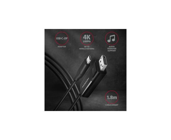 Кабель мультимедийный USB-C to DisplayPort M 1.8m 4K60Hz black AXAGON (RVC-DPC), изображение 2