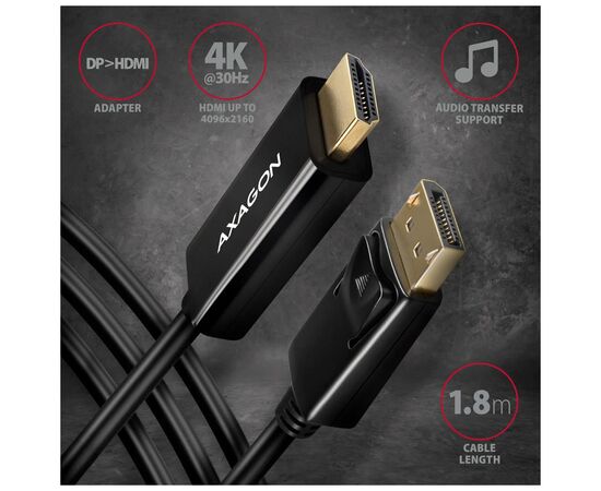 Кабель мультимедийный HDMI M to DisplayPort M 1.8m 4K30Hz black AXAGON (RVD-HI14C2), изображение 2