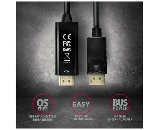 Кабель мультимедийный HDMI M to DisplayPort M 1.8m 4K30Hz black AXAGON (RVD-HI14C2), изображение 5