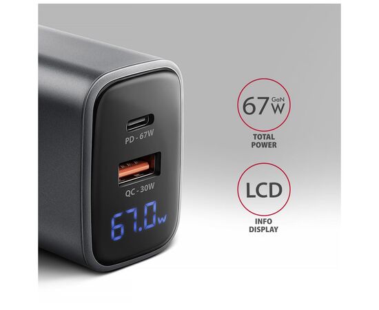 Зарядний пристрій AXAGON 1xUSB-C PD67W + 1xUSB QC4+ PPS display gray (ACU-PQ67D), зображення 2