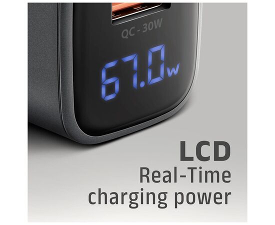 Зарядний пристрій AXAGON 1xUSB-C PD67W + 1xUSB QC4+ PPS display gray (ACU-PQ67D), зображення 3