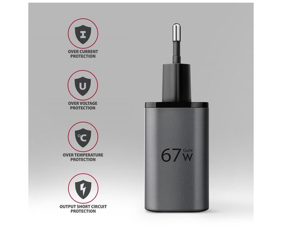 Зарядное устройство AXAGON 1xUSB-C PD67W + 1xUSB QC4+ PPS display gray (ACU-PQ67D), изображение 6