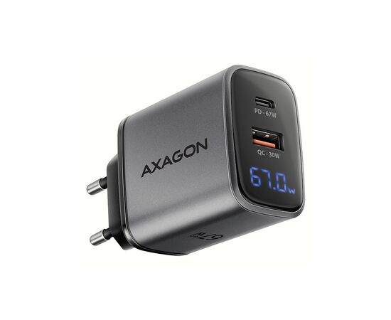 Зарядний пристрій AXAGON 1xUSB-C PD67W + 1xUSB QC4+ PPS display gray (ACU-PQ67D)