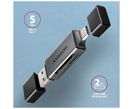 Считыватель флеш-карт AXAGON USB-C + USB-A to SD/microSD 5Gbps gray (CRE-DAC), изображение 2