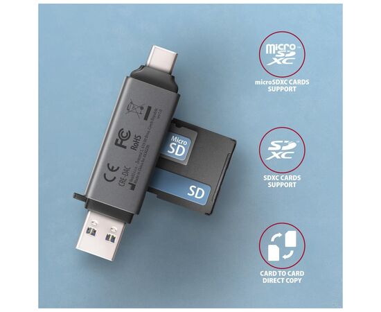 Считыватель флеш-карт AXAGON USB-C + USB-A to SD/microSD 5Gbps gray (CRE-DAC), изображение 3