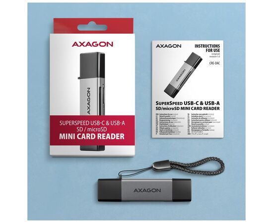 Считыватель флеш-карт AXAGON USB-C + USB-A to SD/microSD 5Gbps gray (CRE-DAC), изображение 7