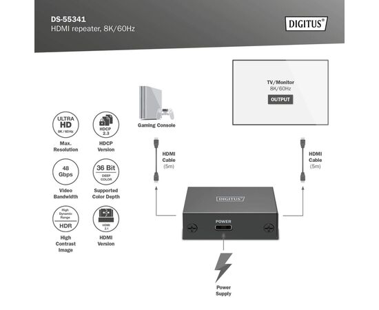 Адаптер HDMI extender 10m 8K60Hz/13m 4K60Hz repeater Digitus (DS-55341), изображение 7