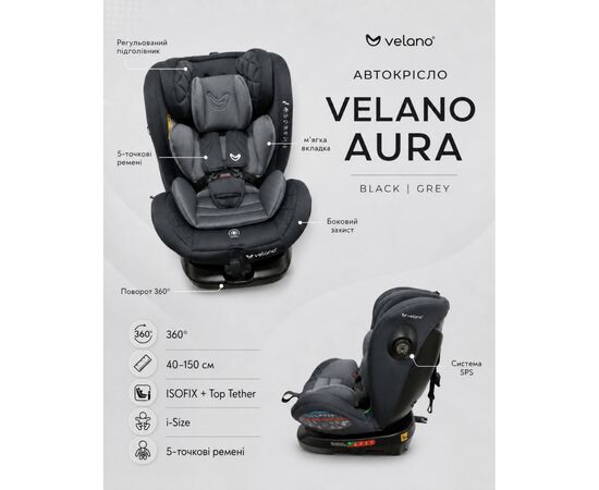 Автокрісло Velano Aura 360° i-Size 40150 см, ISOFIX, grey (48416), зображення 7