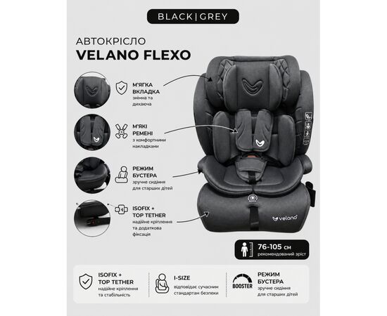 Автокресло Velano Flexo i-Size 76150 см, ISOFIX + Top Tether/ремінь, black (48413), изображение 7