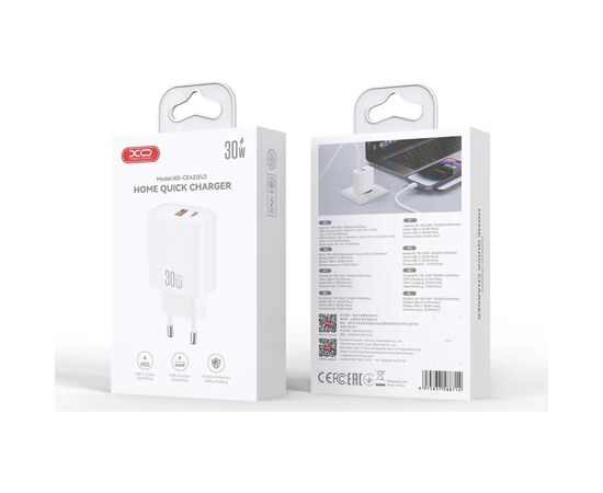 Зарядное устройство XO 1xUSB 22.5W + 1xUSB-C PD30W white (CE42.white), изображение 5