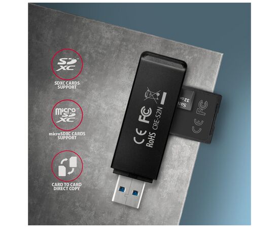 Считыватель флеш-карт AXAGON USB-A 3.2 to SD/microSD 5Gbps black (CRE-S2N), изображение 4