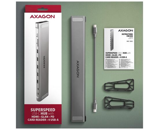 Концентратор AXAGON USB-C 9-in-1 4xUSB 3.2 + 2xUSB-C + HDMI + SD/TF + RJ45 1000Mbps + PD 100W black/gray (HMC-10HLS), изображение 10