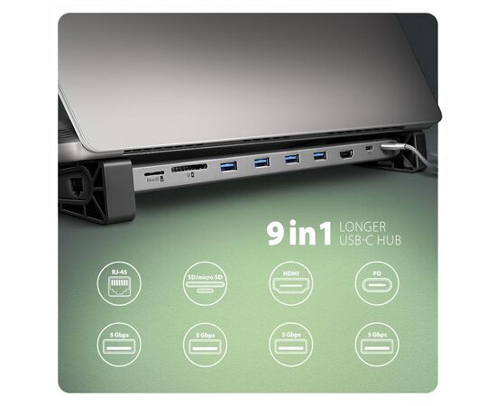 Концентратор AXAGON USB-C 9-in-1 4xUSB 3.2 + 2xUSB-C + HDMI + SD/TF + RJ45 1000Mbps + PD 100W black/gray (HMC-10HLS), изображение 2