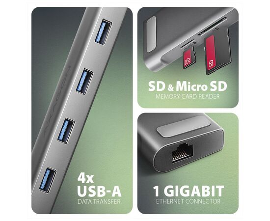 Концентратор AXAGON USB-C 9-in-1 4xUSB 3.2 + 2xUSB-C + HDMI + SD/TF + RJ45 1000Mbps + PD 100W black/gray (HMC-10HLS), изображение 3