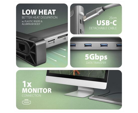 Концентратор AXAGON USB-C 9-in-1 4xUSB 3.2 + 2xUSB-C + HDMI + SD/TF + RJ45 1000Mbps + PD 100W black/gray (HMC-10HLS), изображение 4