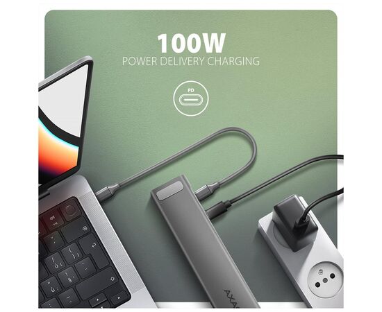Концентратор AXAGON USB-C 9-in-1 4xUSB 3.2 + 2xUSB-C + HDMI + SD/TF + RJ45 1000Mbps + PD 100W black/gray (HMC-10HLS), изображение 5