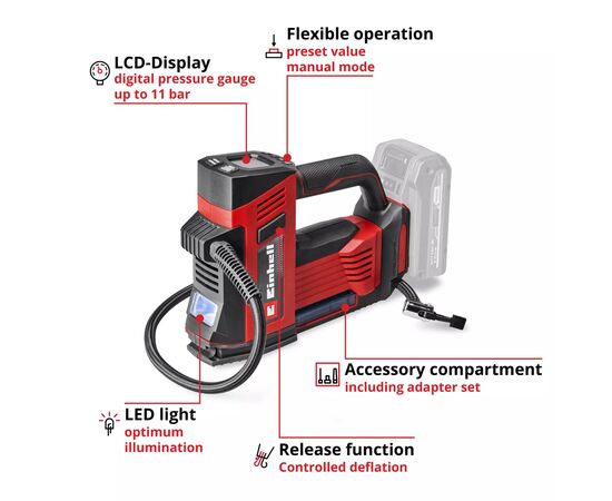 Компрессор Einhell CE-CC 18/23 D Li – Solo, аккумуляторный, 18V, до 12 l/min, 11 bar, 1.16 kg (без АКБ и ЗУ) (2071025), изображение 8