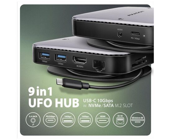 Порт-репликатор AXAGON USB 3.2 Gen 2 (3.1 Gen 2) Type-C 9in1 hub, 10 Gbps. grey (HMC-UFO), изображение 4