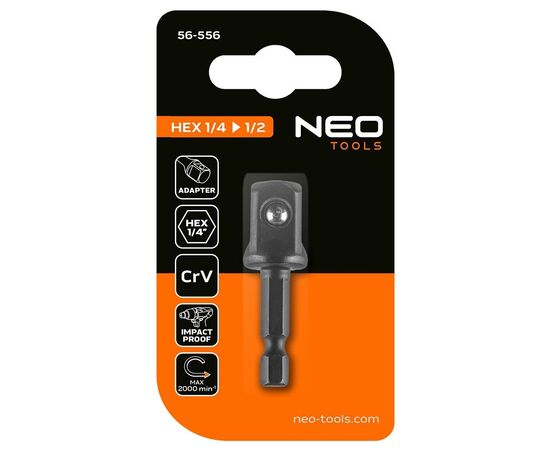 Переходник Neo Tools 1/4" Hex 1/2" квадратный, ударный, сталь S2 (56-556), изображение 2