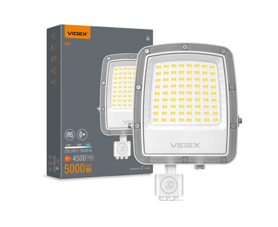 Прожектор Videx F5 50W 3000-5000-6500K з датчиком руху 230V White (VL-F5-050CW-S)
