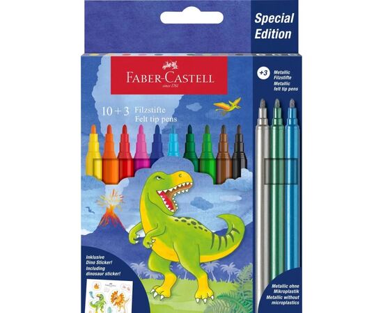Фломастеры Faber-Castell Динозавр 10 цветов + 3 металлика + наклейки в картонной коробке (32962)