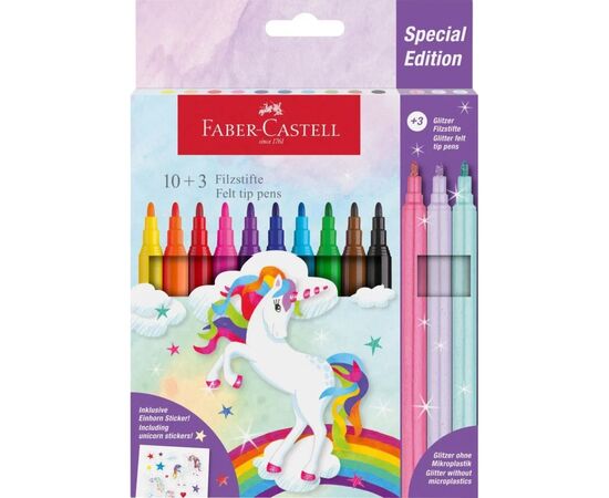 Фломастеры Faber-Castell Единорог 10 цветов + 3 пастельных металлика + наклейки в картонной коробке (32632)