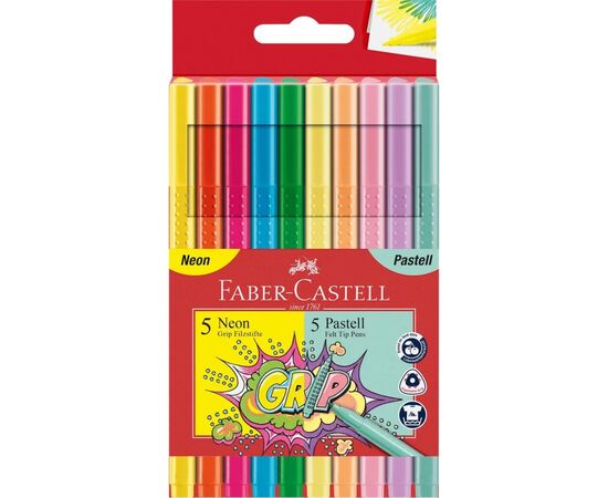 Фломастеры Faber-Castell Grip felt-tip pen neon+pastel, трехгранные пастельные+неоновые, 10 цветов (30746)