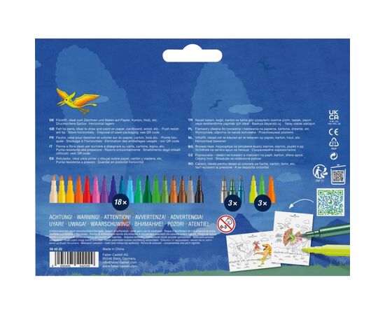 Фломастеры Faber-Castell Динозавр 18 цветов + 3 металлика + 3 неоновых + наклейки в картонной коробке (32963), изображение 2