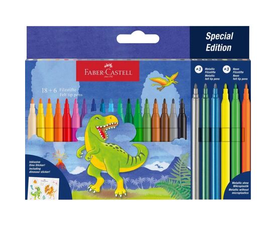 Фломастеры Faber-Castell Динозавр 18 цветов + 3 металлика + 3 неоновых + наклейки в картонной коробке (32963)