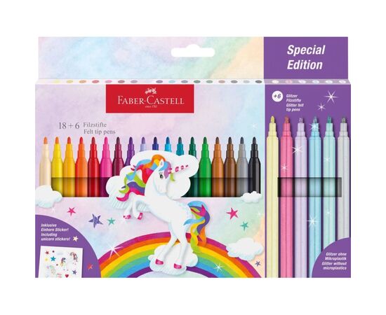 Фломастеры Faber-Castell Единорог 18 цветов + 6 пастельных металликов + наклейки в картонной коробке (32633)