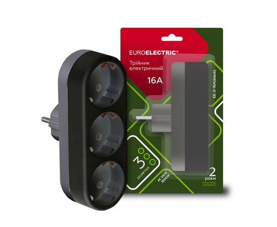 Сетевой разветвитель EUROELECTRIC X3 16А Black с заземлением (EE-3-16A(black))