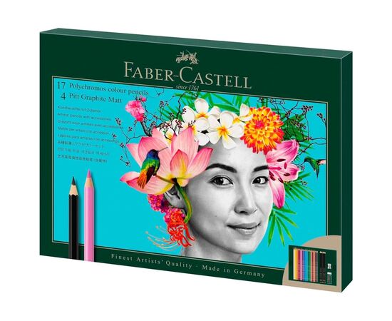 Карандаши цветные Faber-Castell Polychromos 17 кольорів з аксесуарами у картонній подарунковій коробці (210052) (32668)