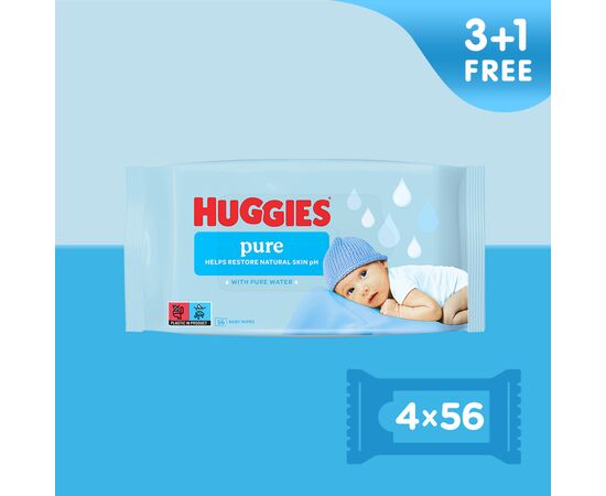 Дитячі вологі серветки Huggies Pure 56 х 4 шт (5029053550121), зображення 2