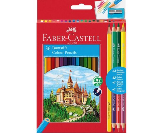 Карандаши цветные Faber-Castell Замок, двокольоров, 36 кольорів + стругачка (30455)