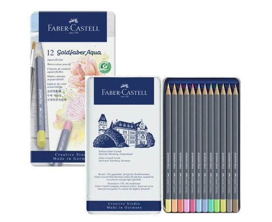 Карандаши цветные Faber-Castell GoldFaber Pastel,акварельні, металевий пенал 12 кольорів (114622) (31788), изображение 3