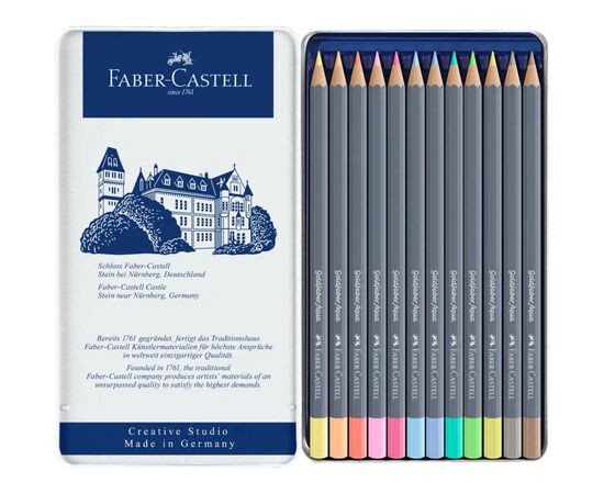 Карандаши цветные Faber-Castell GoldFaber Pastel,акварельні, металевий пенал 12 кольорів (114622) (31788), изображение 4
