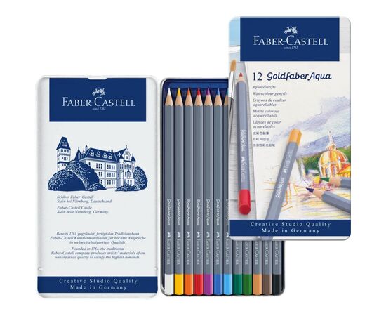 Карандаши цветные Faber-Castell GoldFaber акварельні, металевий пенал 12 кольорів (114612) (27637), изображение 3