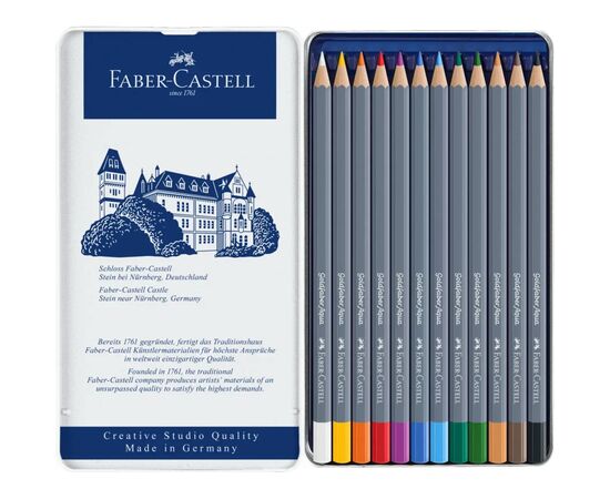 Карандаши цветные Faber-Castell GoldFaber акварельні, металевий пенал 12 кольорів (114612) (27637), изображение 4