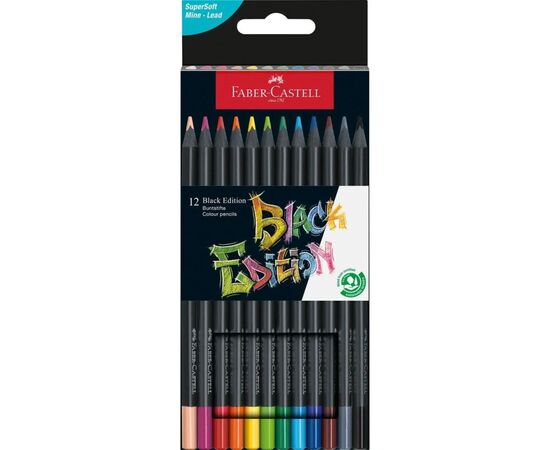 Карандаши цветные Faber-Castell Black Edition colour pencil, тригранні, чорне дерево, 12 кольорів (116412) (31214)