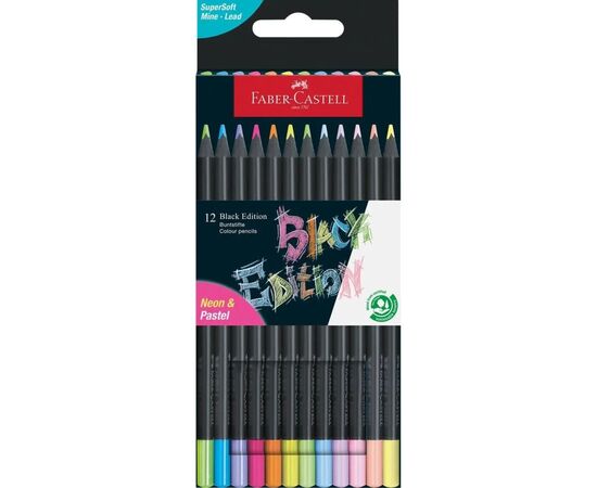 Карандаши цветные Faber-Castell Black Edition colour pencils Neon + Pastel, тригранні. чорне дерево, 12 кольорів (116410) (32083)