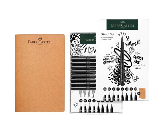 Лайнер Faber-Castell набор ручек капиллярных и блокнот Sketch Set цвет черный (XXS, XS, S, F, M, 1,5, B, FM) (32468), изображение 2