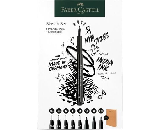 Лайнер Faber-Castell набор ручек капиллярных и блокнот Sketch Set цвет черный (XXS, XS, S, F, M, 1,5, B, FM) (32468), изображение 4