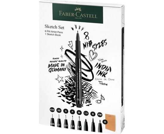 Лайнер Faber-Castell набор ручек капиллярных и блокнот Sketch Set цвет черный (XXS, XS, S, F, M, 1,5, B, FM) (32468)