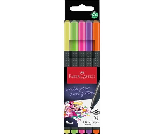 Лайнер Faber-Castell набор ручек капиллярных Grip Finepen neon трехгранная 0,4 мм, 5 цветов (32144)