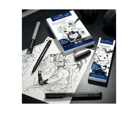 Лайнер Faber-Castell набір капілярних ручок Pitt Artist Pens Manga Basic Set 8 шт. (сірі відтінки + чорний) (23899), зображення 6