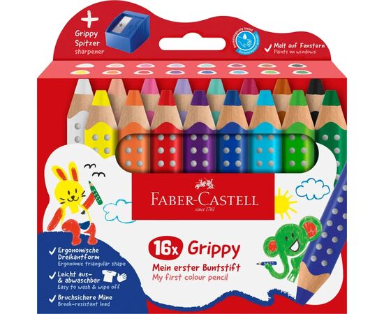 Карандаши цветные Faber-Castell XXL Jumbo Grippy акварельні, потовщені, з м'яким грифелем 16 кольорів+стругачка (110645) (33044)